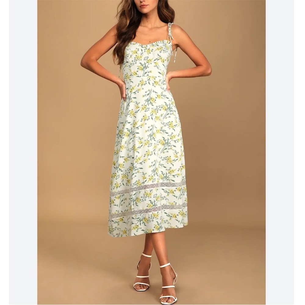 Lulus See the Blooms White Floral Print Tie-Strap Midi Dress Size Small